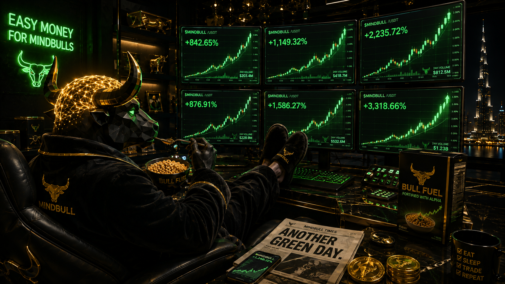 The Mind Bull reclining with a bowl of Bull Fuel cereal in front of a wall of green candle screens