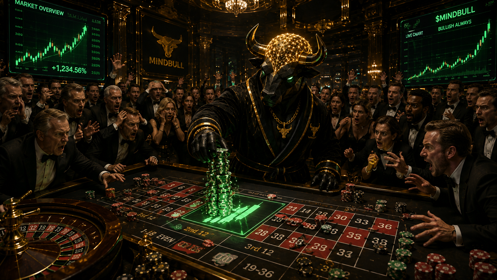The Mind Bull pushing a tower of green chips across a roulette table while a black-tie crowd screams