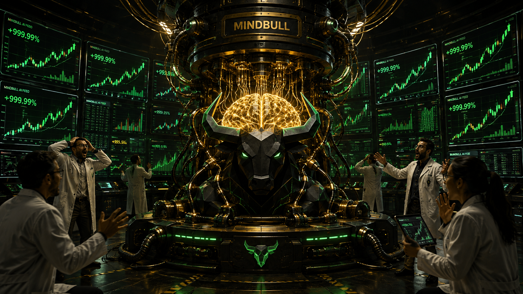A giant mechanical Mind Bull wired into a lab rig while scientists in lab coats panic at the screens