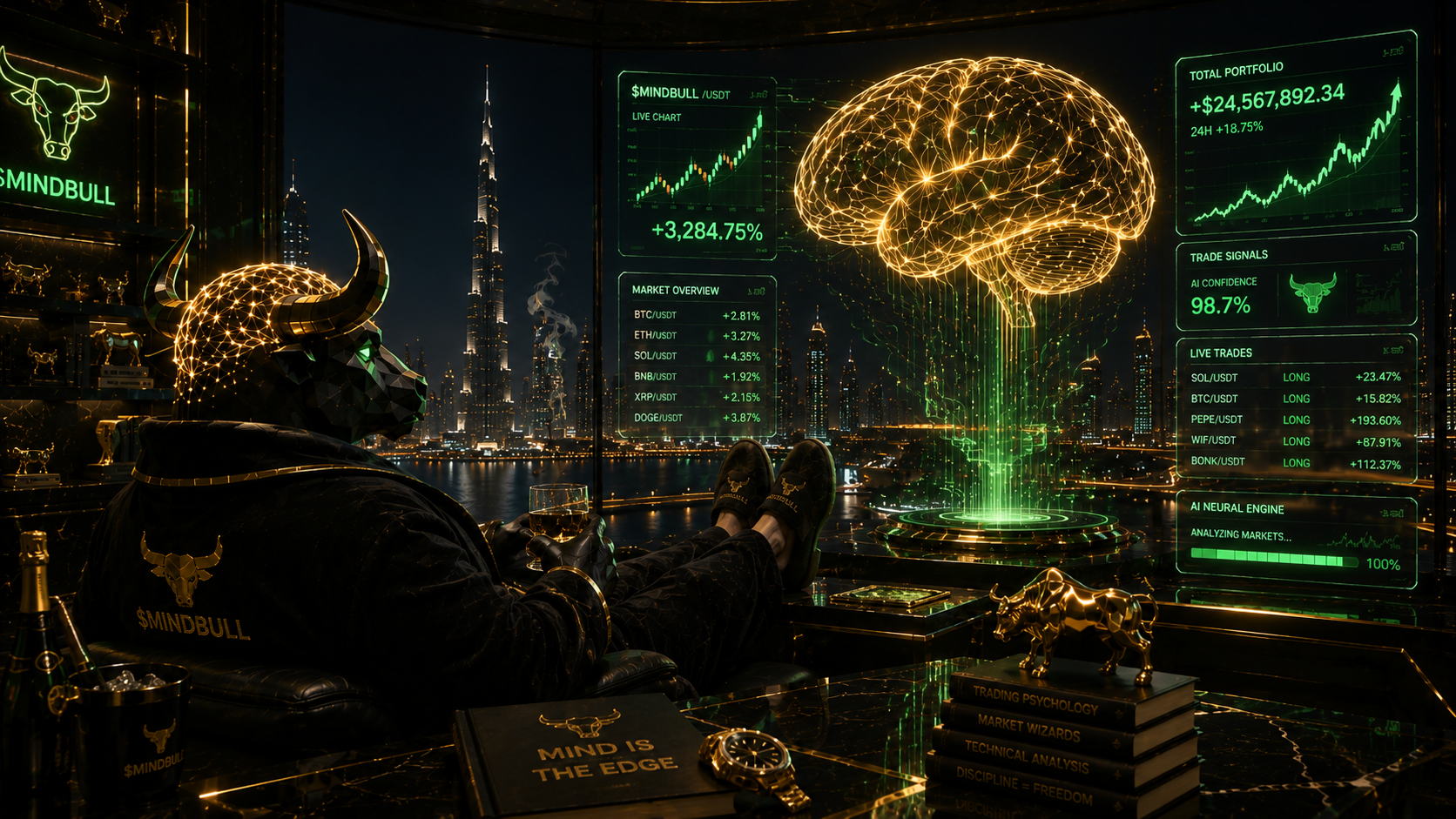 The Mind Bull relaxing with a whiskey as a golden brain hologram pours green light onto the desk