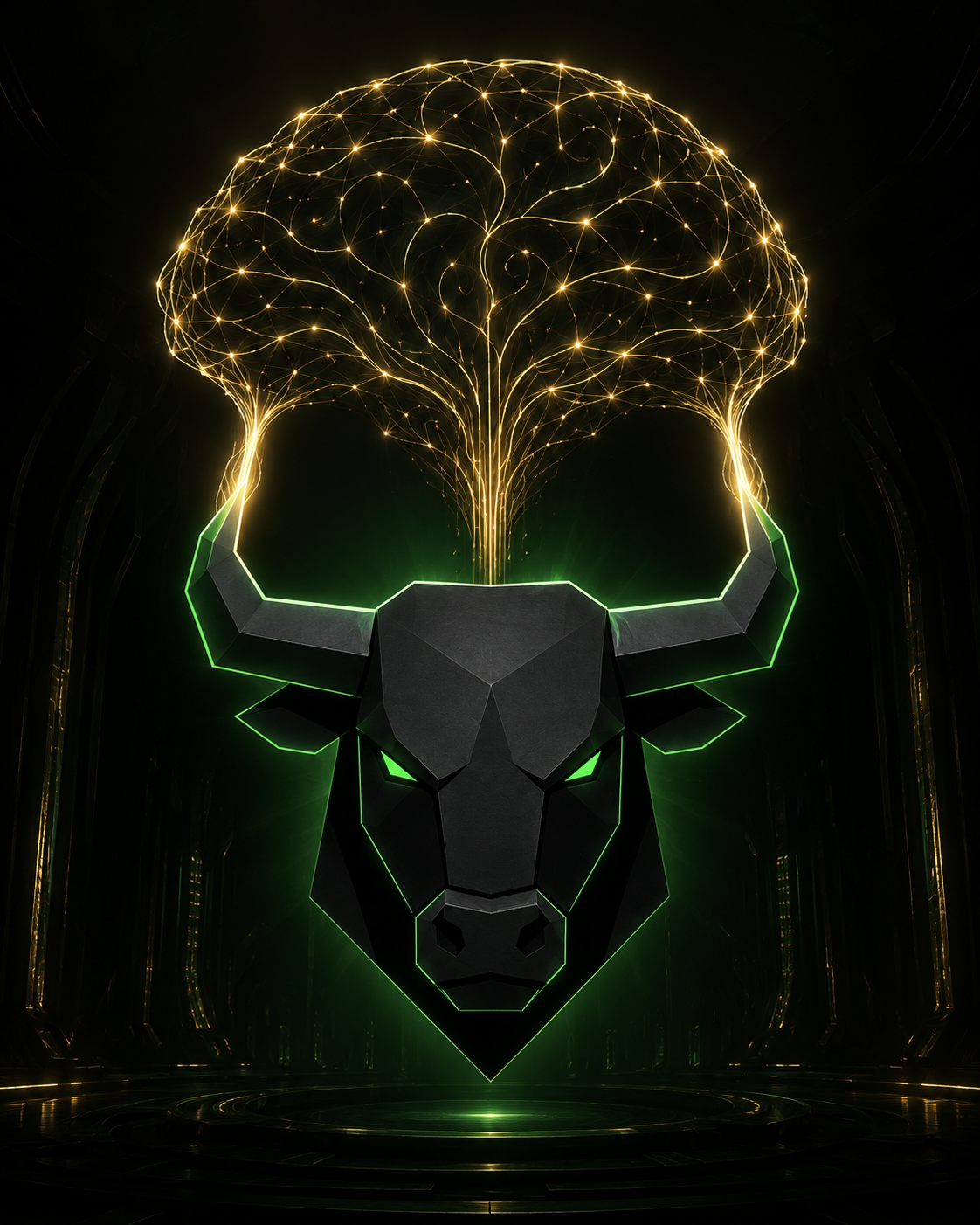 A matte obsidian bull head with huge horns, fine antique-gold thought lines rising from the horns into one brain-shaped cloud above it